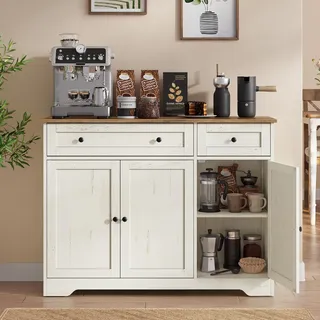 VASAGLE Siren Kollektion - Aufbewahrungsschrank, Küchenschrank im Landhausstil, Sideboard, 2 Schubladen, verstellbare Ablagen, 3 Türen, Kaffeebar, 40 x 106,8 x 80 cm, vintageweiß LSC531WJ01