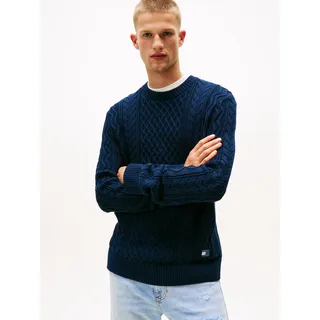 Strickpullover TOMMY JEANS "BADGE CABLE", Herren, Gr. XL, blau (schwarz night navy tonal), Strick, Obermaterial: 100% Baumwolle, slim fit hüftlang, Rundhals, Pullover Strickpullover, Slim Fit, Rundhals