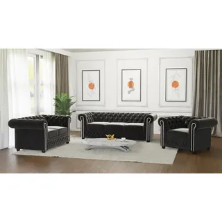 s-style möbel - Nox - Chesterfield Polstergarnitur 3+2+1 aus Schwarz Samt-Stoff mit Holzfüßen, B/T/H: 3er - 203 cm/ 86 cm / 72 cm - Schwarz
