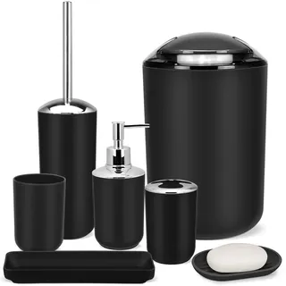 IMAVO Badezimmer Zubehör Set, 6 Stück Kunststoff Geschenkset Zahnbürstenhalter Zahnputzbecher Seifenspender Seifenschale Toilettenbürstenhalter Mülleimer (Schwarz)