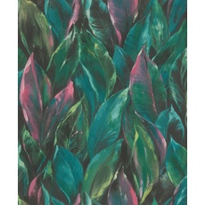 Bild Rasch Tapete 537352 - Vliestapete mit großen Blättern in Grün und Pink aus der Kollektion Curiosity - 10,05m x 0,53m (LxB), Türkis
