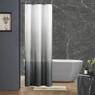 Furlinic Schmal Duschvorhang Badvorhang Textil aus Polyester Stoff Schimmelresistent Wasserabweisend Waschbar für Eck Dusche Kleine Badewanne Weiß nach Grau 90x180 mit 6 Duschringen.