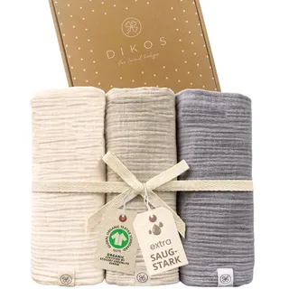 DIKOS® Baby Mulltücher 3er Set (Creme, warmes Grau, Taupe) – 64x64cm – weiche & saugstarke Spucktücher aus Bio-Baumwolle (GOTS, Oeko-TEX) – Musselintücher für Erstausstattung – Geschenk zur Geburt