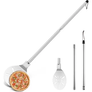 Herogo Pizzaschieber, 9 Zoll Edelstahl Perforiert Pizzaschaufel, Rund Metall Pizzawender mit Lang Abnehmbaren Metallgriff zum Leichten Gleiten, Leicht zu Reinigen & Lagerung, 22,8 x 25,4 x 122 cm