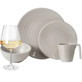Melamin Camping Geschirr Set 4 Personen Coffee Design 16 Teilig + 4 Milano Weiß Weingläser Tafelgeschirr Picknick BBQ Kochgeschirr