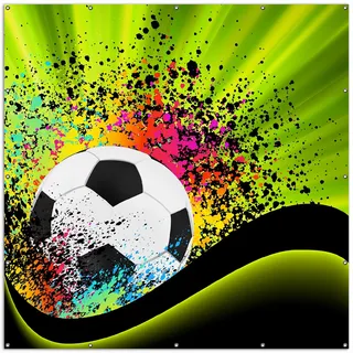 Wallario XXL Outdoor-Poster für Garten oder Balkon, Motiv Fußball - Design Wellen und Regenbogen in grün, in ca. 200 x 200 cm - Schwarz