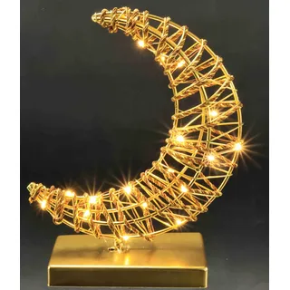 Leuchtfigur Mond aus Metall & Kordel auf Sockel | LED Dekofigur warmweiß | Gold | Batteriebetrieb 3xAAA | Mit Timer | Stimmungslicht Tischdeko | Weihnachtsdeko, Wohnzimmer, Schlafzimmer, Geschenkidee