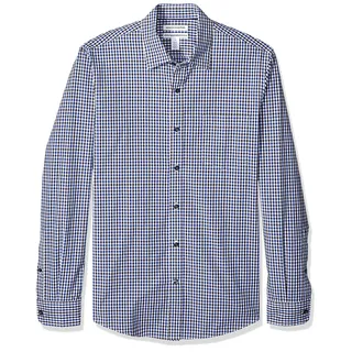 Amazon Essentials Herren Langärmeliges Business Hemd aus Popeline Schmale Passform, Schwarz Blau Vichy-muster, XL