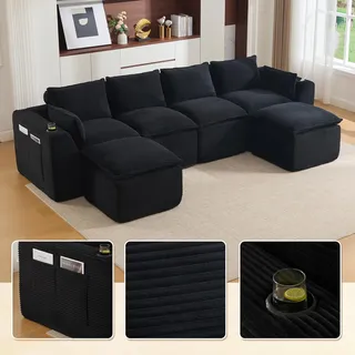LVHOM XXL Modulsofa 4-Sitzer Cord, U-Form Wohnlandschaft mit Getränkehalter & Seitentaschen, Bigsofa, 322cm, Schwarz - Schwarz