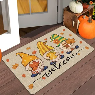 ACAREY Herbstdeko Fußmatte mit Ahornblättern Kürbis Deko, Vintage Herbst Dekoration Fußmatte, Saisonale Herbst Deko Flache Bodenmatte, Schaltermatte Teppich rutschfeste Für Innen Außen Deko (Wichtel)