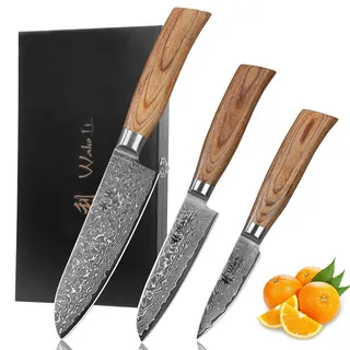 Wakoli EDIB Pro Premium 3er Damastmesser-Set mit 8-16 cm Klingen gefertigt aus 67 Lagen echtem Damaststahl mit Pakkaholzgriff und Holzbox I Damastmesser Küchenmesserset und Profi Kochmesser