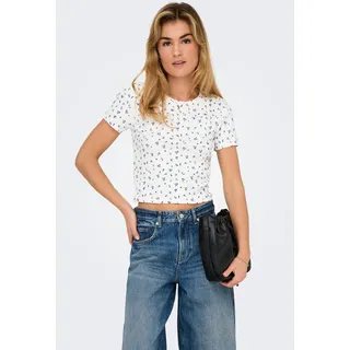 Kurzarmshirt ONLY "ONLFENJA LIFE SS AOP TOP JRS NOOS", Damen, Gr. XL (42), blau (cloud dancer aop:blau flowers), Jersey, Obermaterial: 95% Baumwolle, 5% Elasthan, bedruckt, regular fit normal, Rundhals, Shirts Kurzarmshirt, Baumwollmischung, Cropped Fit, Rundhals