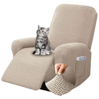 Chingcoo 4-Teilig Sesselbezug, All-Inclusive Sesselschoner für Relaxsessel, Sesselschoner für Fernsehsessel, Komplett Sesselbezug, Stretch Sessel Überzug mit Taschen (Taupe)