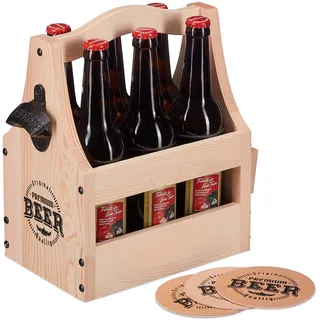 Relaxdays Bierträger aus Holz, mit Flaschenöffner & Bierdeckel, Flaschenträger 6 Flaschen, Männerhandtasche Bier, Natur