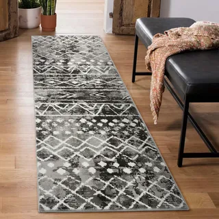 Carvapet Läufer Teppich 60x210cm rutschfest Lang Küchenteppich Waschbar Teppichläufer Weiche Mikrofaser Geometrisch Tribal Flächenteppich Laufteppich(Schwarz)