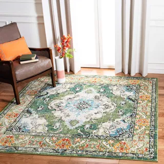 Safavieh Boho Teppich für Wohnzimmer, Esszimmer, Schlafzimmer - Monaco Collection, Kurzer Flor, Waldgrün und Hellblau, 160 x 160 cm