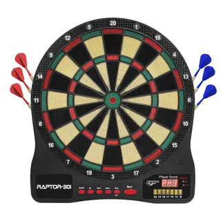 Carromco Dartscheibe elektronisch RAPTOR-301 – 4-Loch Abstand, rot-grün-beige-schwarz, Dartspiel für 1-8 Spieler, inkl. Softdarts, Netzteil, 32 Spiele & 570 Variationen (inkl. Cricket)