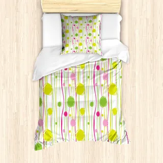 ABAKUHAUS Grün und Rosa Mantele, Doodle Stripes Dots, Milbensicher Allergiker geeignet mit Kissenbezügen, 135 cm x 200 cm - 80 x 80 cm, Grün, Rosa, Weiß - Grün