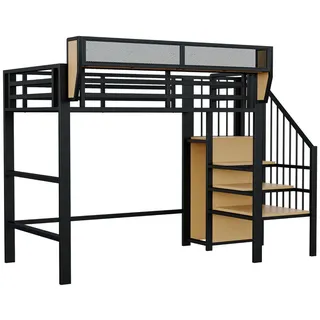 Urban Meuble Hochbett mit Regalen und Treppe Schwarz , Holzwerkstoff, Metall , Rechteckig , Babymöbel & Kindermöbel, Kinderzimmer & Jugendzimmer, Kinderbetten, Hochbetten