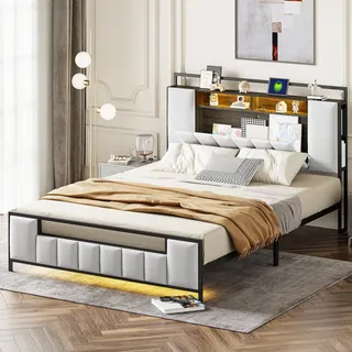 Flieks Metallbett Doppelbett 160x200cm mit USB, Jugendbett mit LED, Polsterbett Stauraumbett mit Aufklappbarem Kopfteil, Klassisches Bett, PU, Weiß - Weiß