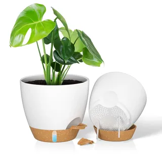 ZMTECH 25 cm Blumentöpfe mit Untersetzer, Kunststoff Übertöpfe mit Selbstbewässerung, Pflanzkübel mit Wasserstand für Innen/Außen (2er-Set, Weiß)