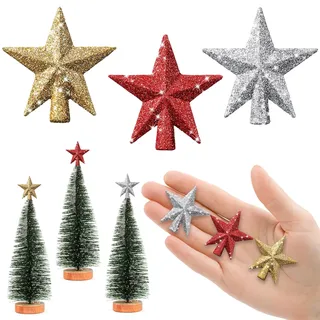 6 cm Stern für Weihnachtsbaum, Mini Weihnachtsbaum-Topper, kleine Christbaumspitze, Mini-Sterne zur Dekoration des kleinen Weihnachtsbaums (4,5cm Glitzer: Rotgold Silber)