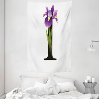 ABAKUHAUS Buchstabe I Wandteppich und Tagesdecke, Iris-Blumen-Kapital I aus Weiches Mikrofaser Stoff Waschbar ohne Verblassen Digitaldruck, 140 x 230 cm, Violett Grün Schwarz