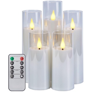 IMAGE Flackernde flammenlose Kerzen batteriebetrieben, Acryl Shell Pillar 3D Docht LED-Kerzen mit Timer für Hochzeit Weihnachten Home Decor Set von 5 (D2,3 in X H5 5 7 7 8 in), weiß