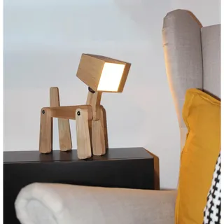 Winkee - Tischleuchte Charlie - Die treue Nachttischlampe mit Ladefunktion in Hunde Design | Dimmbare Holz Akku LED Tischlampe kabellos mit Touch