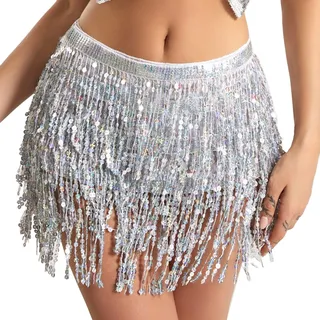 Wuchieal Pailletten Rock Glitzer Rock Bauchtanz Hüfttuch Kostüm Pailletten Quaste Outfits Rock Gürtel Festival Kleidung (Silber, One Size)