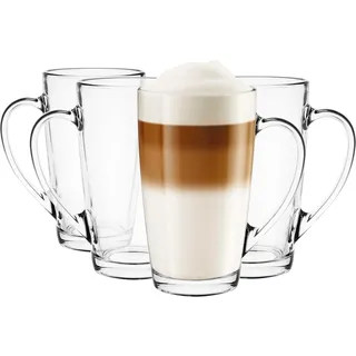 Glasmark KROSNO 1992 Gläser Set Kaffeegläser Teegläser Mit Henkel 4 Stück 400 ml Kaffee Tee Latte Glas Teetassen Glasbecher Trinkglas Groß Spülmaschinenfest Alex, Durchsichtig
