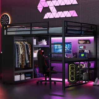 Metall Hochbett Schwarz 160x200 cm mit LED, Schreibtisch, offenem Kleiderschrank & Ablagefächern, ohne Matratze - Schwarz
