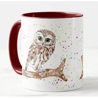Vixar Tasse, Motiv: Eule, britische Tierwelt, handbemalt, Aquarellkunst, farbige Tasse, Geschenk, Geburtstag, Arbeit, Büro, Weihnachten, Tee, Kaffee, Kastanienbraun