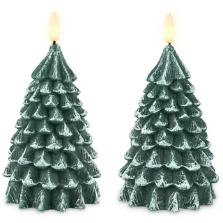 Fanna 2 Grüne Echtwachs LED Kerzen Weihnachtsbaumförmige mit Timerfunktion, Flammenlose Weihnachtskerzen mit Timer für Winter Dekorationen - H 17 cm