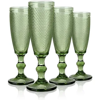 Joeyan 150ml Vintage Sektkelch Glas mit Relief design,4er Set Grün Sektglas Champagnerglas Flöten for Hochzeits Geburtstage Fest,Spülmaschinenfest