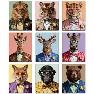 DOODLREAM 9 Stück Ungerahmtes Wasserfestes Leinwandbild Mit Trendigen Tiermotiven Zur Wanddekoration Tiere In Anzügen – 25 x 20cm Leinwandposter Für Zuhause Büro Hobbyraum Wohnzimmer Schlafzimmer