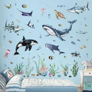 decalmile Wandtattoo Unter dem Meer Hai Groß Wandaufkleber Ozean Fisch Wal Schildkröte Seetang Wandsticker Kinderzimmer Schlafzimmer Badezimmer Wanddeko