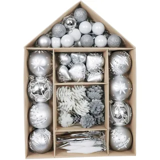 Victor's Workshop Weihnachtskugeln 70tlg. Kunststoff Christbaumkugeln Weihnachtsdeko Weihnachtsbaum Dekoration Set Plastik Ornament Weihnachten Deko mit Anhänger Gefrorener Winter Thema Silber Weiss