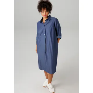 Jeanskleid ANISTON PLUS, Damen, Gr. 44, N-Gr, blau (jeansblau), Web, Obermaterial: 100% Baumwolle, unifarben, figurumspielend knieumspielend, Krempelärmel, Kleider Jeanskleid, mit Hemdkragen, Topseller