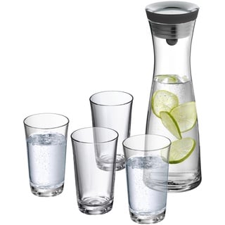 WMF Basic Wasserkaraffe-Set 5-teilig, Karaffe 1l mit 4 Wassergläser 250ml, Glaskaraffe mit Deckel, Silikondeckel, Closeup-Verschluss