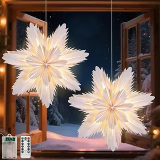 Lewondr Weihnachtsstern Beleuchtet 2 Stück,Kirschblüte Papiersterne Weihnachten,3D LED Stern Fenster Aufhängen mit Fernbedienung ,Weihnachtsdeko Papierstern für Weihnachts Deko Innen 45 cm