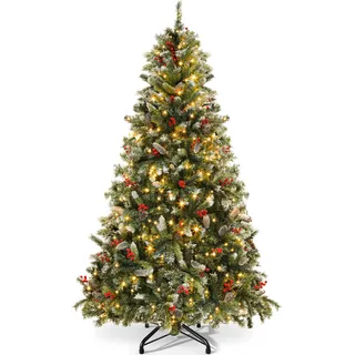 YITAHOME 182cm Künstlicher Weihnachtsbaum, Vorgeschmückt mit Schnee & 250 LED Beleuchtung, 58 Kiefernzapfen, 58 Beeren, ca. 818 Spitzen, Tannenbaum mit Klappsystem & Metallständer, 182 x Φ95cm