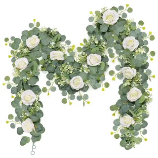 Dremisland 2 Stück Künstliche Rosen Girlande Blumengirlande Eukalyptus Pflanzen Seidenblumen Hängend Kunstblumen Girlande Rosengirlande Hängepflanze Rebe für Hochzeit Party Wand Garten Weihnachtsdekor