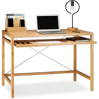 Relaxdays Computertisch Holz, Tastaturauszug, Bürotisch ausziehbar, Schreibtisch massiv, HxBxT: 76,5x106,5x55,5cm, natur, 55.4 x 106.5 x 76.5 cm