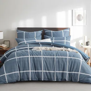 RUIKASI Bettwäsche 200x220 3 teilig Denimblau - Bettbezug 200 x 220 Set mit Karo Muster, Bettwäsche-Sets 200x220cm aus Mikrofaser mit Reißverschluss Weich und Bügelfrei