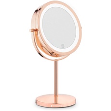 Navaris Kosmetikspiegel mit LED Beleuchtung - Spiegel mit 5fach Vergrößerung Make Up Standspiegel - Schminkspiegel beleuchtet 360° dimmbar - Kupfer