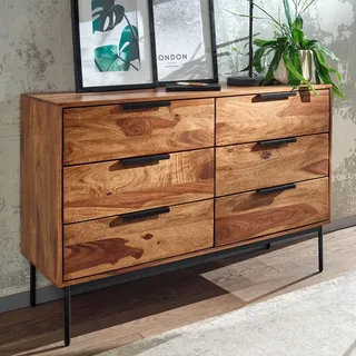 Massivholz Schubladenkommode 120cm Sheesham Natur Design Kommode mit 6 Schubladen Sideboard Metall schwarz - Braun