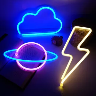 NELUX 3er-Pack Blitz, Planet und Wolke - LED Lampe Neon Schild Wand Deko Gaming, Neon Sign Kinder Zimmer Gamer, Neon Schilder Light Room, Neonlicht Wall Lampe Led Wanddeko. USB oder Batterien.