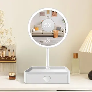 Cuteefun Schminkspiegel mit Beleuchtung, 5X VergrößErungsspiegel, Tischspiegel mit Schublade, 3 Farben Dimmbar, USB Aufladbar, LED Kosmetikspiegel für Schlafzimmer, Waschtisch, Badezimmer, Weiß
