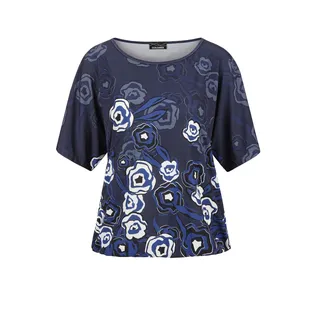 Kurzarmshirt GOLDNER "Florales Oberteil in Blau mit Halbarm", Damen, Gr. 40, blau (marine, weiß, geblümt), Obermaterial: 95% Polyester PES. 5% Elasthan EL., gerade, U-Boot-Ausschnitt, Sonstiges, Shirts Kurzarmshirt, Gummibund